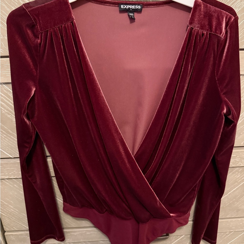 Express Burgundy Velvet Surplice Long-Sleeve Bodysuit